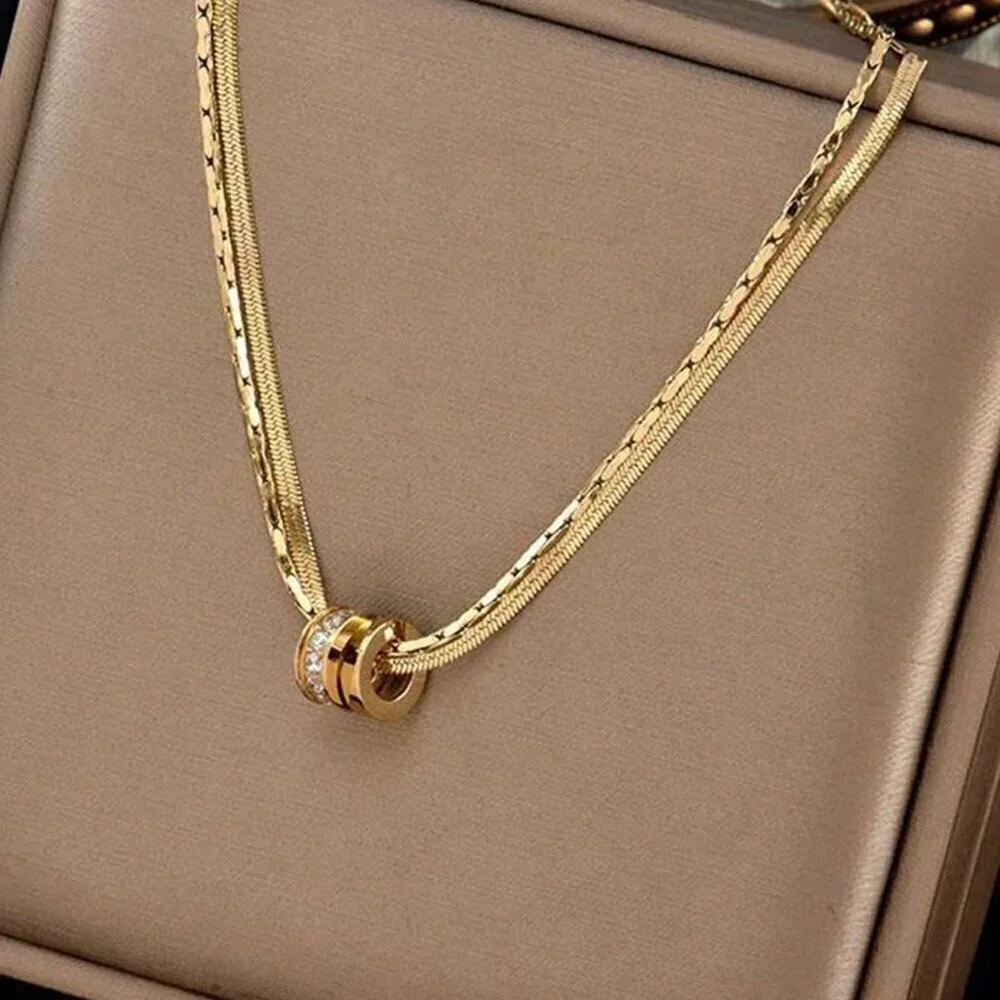 Silver Casual Women's Stainless Steel Round Cz Inlaid Double Layer Necklace